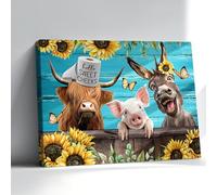 Rxenvkuz Farmhouse Bathroom Wall Art Funny Animals Wall Art Country Sunflower Butterfly and Highland Cow Pig Donkey Canvas Print Framed Artwork Teal Farmhouse Wall Decor Art prints on canvas 12"x16"