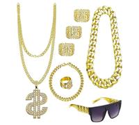 Rxgiasup 80s 90s Costume Hip Hop Costume Necklace Ring Sunglass School Rapper Accessories Halloween Cosplay Gift Hip Hop Kit