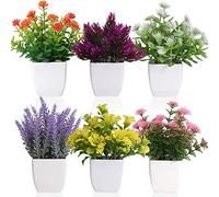 Rxinlucky Small Artificial Flowers in Pots 6 Pack, Mini Fake Plants Potted Indoor/Outdoor Artificial Plants Plastic Faux Plants Pot for Home, Office, shelf,Table,Garden Decor