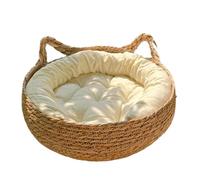 RXJMKCZ Compatible for OUZEY Rattan Weaving Cat Basket Pet Bed with Cushion, Soft Warm Donut Round Cat House for Puppy & Kitten(WHITE,40cm)