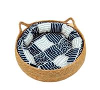 RXJMKCZ Compatible for OUZEY Rattan Weaving Cat Basket Pet Bed with Cushion, Soft Warm Donut Round Cat House for Puppy & Kitten(Blue,35cm)
