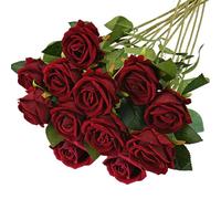 RXKFIGX 12 Pcs Artificial Roses Fake Single Stem Blooming Rose 51 * 7 cm Artificial Silk Rose Flower Wine Red Fake Roses Artificial Flowers for Home Garden Party Hotel Office Decor(Wine red rose)