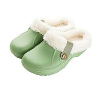 RXLLDOLY Womens Mens Furry Clogs Waterproof Slippers Lined Clogs Fur Slippers Fluffy Slip-on Garden Shoes Warm Plush Home House Slippers Indoor Outdoor Mules, Green, 2/2.5 UK