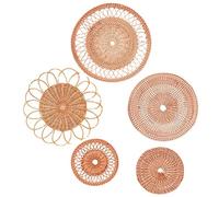 RXMORI Boho Wall Art, Set of 5 Hanging Natural Woven Flat Baskets, Round Wicker Wall Baskets, Handmade Rustic Wall Decor (5pcs, C)