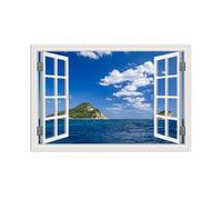 RXNHGJDS Beach Landscape Canvas Wall Art Window Ocean Nature Scene Pictures Ocean under blue sky and white clouds Print for Blue Home Office Living Room Bedroom Wall Decor90x60cm(35x24in) poster
