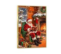 RXNHGJDS Christmas Wall Art Santa Claus Reading a Book Painting Canvas Prints Bedroom Living Room Fireplace Pictures Christmas Wall Decor Kids Nursery Gifts 45x30cm(18x12in) Gold Frame