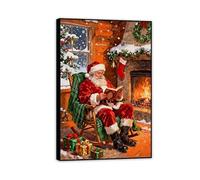 RXNHGJDS Christmas Wall Art Santa Claus Reading a Book Painting Canvas Prints Bedroom Living Room Fireplace Pictures Christmas Wall Decor Kids Nursery Gifts 75x50cm(30x20in) Black Frame