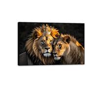 RXNHGJDS Lion and Lioness with Gold Crown Picture Romantic Couple Artwork Painting for Bedroom Modern Home Decoration Ready to Hang 30x20cm(12x8in) Black Framed