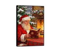 RXNHGJDS Winter Canvas Wall Art Prints Christmas Eve Santa Claus reading a book fireplace Warm Painting Artwork for Home Wall Decor Ready to Hang 105x70cm(41x28in) Black Frame