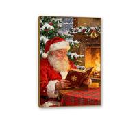 RXNHGJDS Winter Canvas Wall Art Prints Christmas Eve Santa Claus reading a book fireplace Warm Painting Artwork for Home Wall Decor Ready to Hang 105x70cm(41x28in) Teak Frame