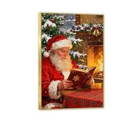 RXNHGJDS Winter Canvas Wall Art Prints Christmas Eve Santa Claus reading a book fireplace Warm Painting Artwork for Home Wall Decor Ready to Hang 90x60cm(35x24in) Gold Frame
