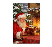 RXNHGJDS Winter Canvas Wall Art Prints Christmas Eve Santa Claus reading a book fireplace Warm Painting Artwork for Home Wall Decor Ready to Hang 90x60cm(35x24in) Frameless