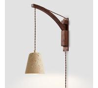 RXPVUXE Adjustable Swing Arm Wall Sconce, Plug-in or Hardwired Wood Wall Lamp with Natural Stone Shade, Vintage Yellow Travertine Wall Mount Light Fixture for Bedroom Bedside(Plug in,A)