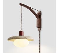 RXPVUXE Adjustable Swing Arm Wall Sconce, Plug-in or Hardwired Wood Wall Lamp with Natural Stone Shade, Vintage Yellow Travertine Wall Mount Light Fixture for Bedroom Bedside(Plug in,E)