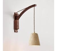 RXPVUXE Adjustable Swing Arm Wall Sconce, Plug-in or Hardwired Wood Wall Lamp with Natural Stone Shade, Vintage Yellow Travertine Wall Mount Light Fixture for Bedroom Bedside(Hardwired,A)