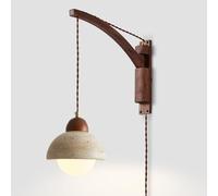 RXPVUXE Adjustable Swing Arm Wall Sconce, Plug-in or Hardwired Wood Wall Lamp with Natural Stone Shade, Vintage Yellow Travertine Wall Mount Light Fixture for Bedroom Bedside(Plug in,C)