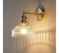 RXPVUXE Modern Ribbed Glass Wall Sconce Light Vintage Brass Wall Mounted Lamp with Rotary Switch, Adjustable E27 Hardwired Wall Lighting Fixture for Bedroom Bedside Doorway Loft Living Room