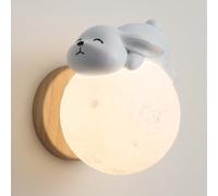 RXPVUXE Moon Wall Lamp White Resin Rabbit Wall Sconce Modern Wood Wall Light with Globe PLA Shade, Nordic Cute Bunny Wall Sconces Kids Room Wooden Wall Lighting Fixture for Bedroom Bedside, G9