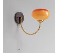 RXPVUXE Nordic Ash Wood Wall Sconce Vintage Gradient Orange Glass Wall Lamp with Pull Chain Switch, Mid Century Black Walnut Wood Wall Light Fixture Gold Bedside Sconces For Bedroom, E27