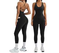 RXRXCOCO Backless Gym Set V Neck Tank Top Booty Leggings with Pockets Workout Set for Women 2 Piece Yoga Gym Outfit Black XL