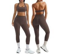 RXRXCOCO Backless Gym Sets for Women 2 Piece Halter Neck Sports Bra Workout Set Hidden Scrunch Leggings Yoga Set Brown L