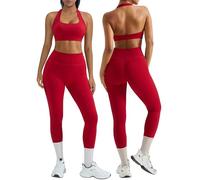 RXRXCOCO Backless Gym Sets for Women 2 Piece Halter Neck Sports Bra Workout Set Hidden Scrunch Leggings Yoga Set Red M