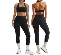 RXRXCOCO Backless Gym Sets Halter Neck Sports Bra Workout Set Hidden Scrunch High Waisted Leggings Gym Clothes for Women Black M