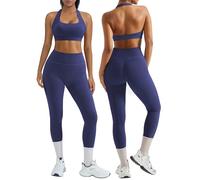 RXRXCOCO Backless Gym Sets Halter Neck Sports Bra Workout Set Hidden Scrunch High Waisted Leggings Gym Clothes for Women Navy Blue XS