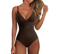 RXRXCOCO Tummy Control Swimming Costume Women Deep V Neck One Piece Swimsuit Crisscross Back Bathing Suit Swimwear Dark Brown M