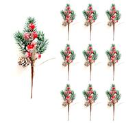 RXXR 10 Pcs Christmas Berries Red Stems Evergreen Pine Branches Christmas Artificial Pine Cones Holly Stem Craft Ornaments Snowflakes Pine Picks
