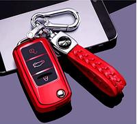 RXXR Car Key Cover Case with Keychain Compatible for VW Volkswagen Polo Golf 4/5/6 Multivan T5 Caddy Jetta Bora Superb Passat Skoda Fabia Seat Ibiza 3 Buttons Car Key Fob Shell Cover Protector Red