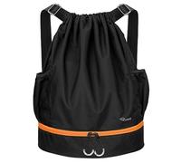 RYACO Drawstring Backpack Sports Gym Bag, Water Resistant String Sackpack Large Size with Zipper and Water Bottle Mesh Pockets for Gym Shopping Sport Yoga School Swimming Beach (Black & Orange)