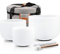 Ryan Dvan 7-10 inch Chakra Tuned Set of 7 Crystal Singing Bowls with Heavy Duty Carrying Cases and Singing Bowl Mallet Suede Strikers (7-10 Inch, 7pcs White Singing Bowl Set)
