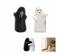 RyanDesign Salt and Pepper Shakers, Ceramic Ghost Design, Black and White Hugging Couple, Wedding Gifts, Kitchen Decor, Halloween, Refillable & Easy Use (Black & White)