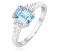 RYANEE 3 Stone Emerald Cut Natural Sky Blue Topaz 925 Sterling Silver Ring for Women Blue Birthstone 14K White Gold Plated Engagement Ring for Her, Gemstone, Topaz