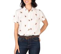 Rydale Ladies Floaty Short Sleeved Blouse Shirt Womens Button Up Printed Shirts (UK, Numeric, 14, Regular, Regular, Highland Cow)