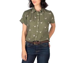 Rydale Ladies Floaty Short Sleeved Blouse Shirt Womens Button Up Printed Shirts (UK, Numeric, 18, Regular, Regular, Walking Pheasant Khaki)