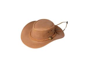Rydale Mens Leather Australian Hat Outback Hat for Men Wide Brim Genuine Leather Plaited Band Aussie Bush Hats (UK, Alpha, L, Antique Tan)