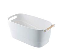 RyddeligHome Bathroom Storage Basket with Wooden Handle, 9L White Plastic Organiser Box for Cleaning Products Toiletries, Medium Caddy Container for Kitchen Cupboard Pantry, 33.5x18x15.5cm