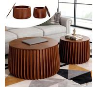 RYDZCLH Wooden round Nesting coffee table set of 2, nesting circle fluted coffee tables,Minimalist Drum Center Table set of 2,2 piece End Side Tables for Living Room, Office,walnut