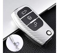 RYE Carbon Fibre Pattern TPU Cover for Ford Key Fob,3 Buttons Flip Folding Key Case with Leather Keychain,Compatible with Ford Fiesta/Focus/Galaxy/Fusion/Mondeo/Kuga-Silver
