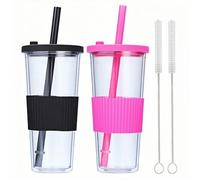 RYHMHA 2 Pack Reusable Boba Tea Cups, 710 ml/24 oz Clear Double Layer Plastic Insulated Mug with Wide Straw and Lid, Iced Coffee Tumbler, Bubble Tea Cups (Black + Rose Red)