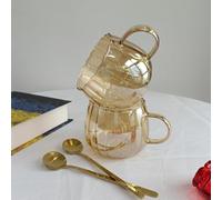 RYHMHA Coffee Mugs Set (2 Mugs+2 Spoons), 350ml,Drinking Glasses with Handle, Clear Glass Cups for Hot or Cold Drinks Like Cappuccino, Latte, Cocoa and Tea (Amber)