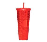 RYHMHA Diamond Plastic Thermal Mug with Straw and Lid，Double Walled Cold Cup，Iced Cold Drinking Coffee Travel Mug 24oz Party Tumbler-Black (Red)