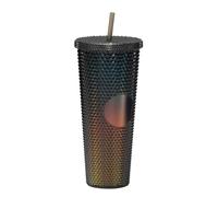 RYHMHA Diamond Plastic Thermal Mug with Straw and Lid，Double Walled Cold Cup，Iced Cold Drinking Coffee Travel Mug 24oz Party Tumbler-Black (Black)