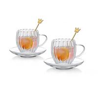 RYHMHA Double Wall Glass Coffee Mugs Set, Teacup with Saucer and Spoon Set of 2 Pack, 8.5oz/260ml for Cappuccino, Latte, Hot and Cold Drinks ((Clear - Flower Bud Style - 2 Pack))