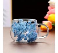RYHMHA Double Walled Glass Coffee Mug, Dried Flowers Double Insulated Mug, Set of 2 with Spoon, for Hot and Cold Drinks, Cappuccinos, Lattes, Juices (Blue)