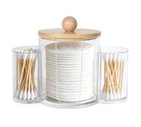 Rylae Cotton Pad Holder, Cotton Wool Bud/Swab/Ball Holder, Cotton Buds Holder Dispenser for Cotton Ball, Swab, Round Pads, Floss, Bathroom Dispensing Jar with Bamboo Lid (Trasparent)