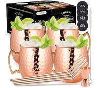 RYLIFEOGI Moscow Mule Mugs Set of 4, Copper Cups 19oz with Jigger Straws Coasters Gift Set for Bar, Home Party