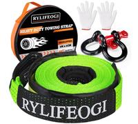 RYLIFEOGI Towing Strap 10 Ton (22,000Lbs), 5mx5cm Heavy Duty Recovery Tow Rope with 2 Shackles 2 Gloves for Off-Road, Vehicles (Green)